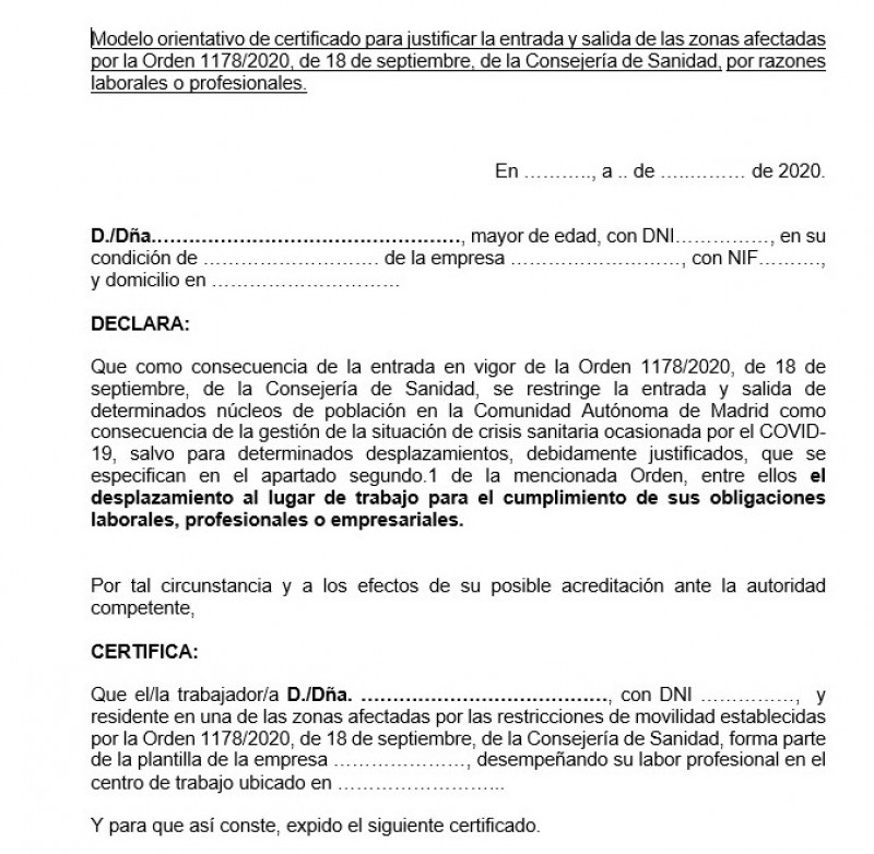 <span style='color:#780948'>ARCHIVED</span> - Madrid launches a certificate to justify entry and exit within the 37 areas confined due to covid