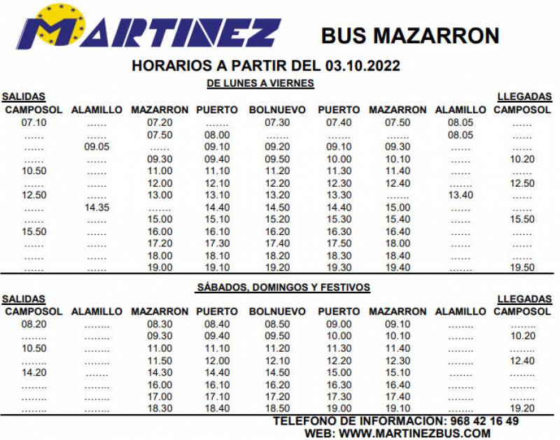 New bus and coach timetables for Mazarron and nearby localities autumn 2022