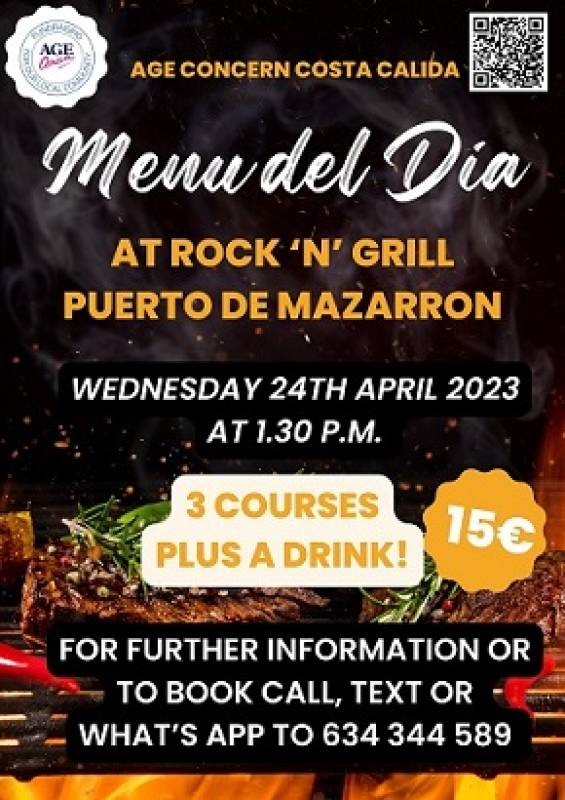April 24 Age Concern Menu del Dia at the Rock n Grill, Puerto de Mazarron